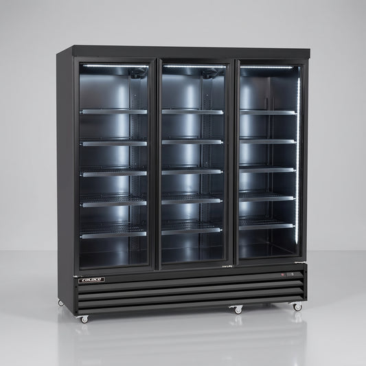 74" 3-Door Glass Refrigerator, Black Exterior & Interior | BGD-68R-HC