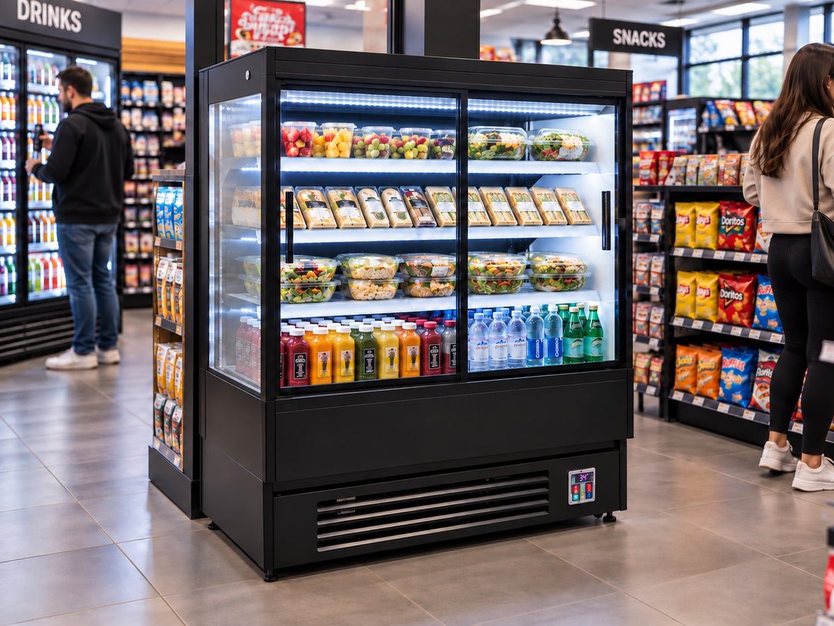 36" Low Profile Display Refrigerator, Two (2) Sliding Glass Doors, Black exterior/interior / Coldco Model OM-36L-GS-B